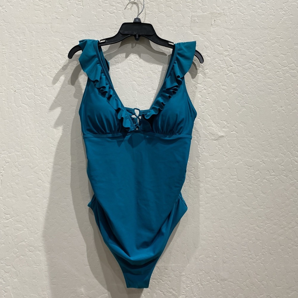 Maternity Swimsuit L Green Blue One Piece Ruffle V Neck Lace Up Back Lined Chic
